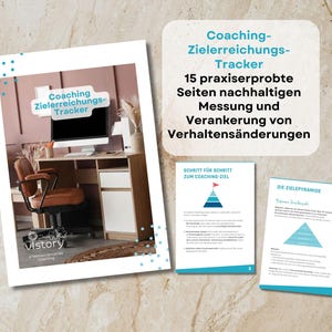Op de afbeelding: Een coaching doeltracker document met 15 pagina's voor het meten en verankeren van gedragsveranderingen. De omslag toont een bureau met een computer, terwijl de binnenpagina's stapsgewijze handleidingen en doelpiramides met tekst bevatten.