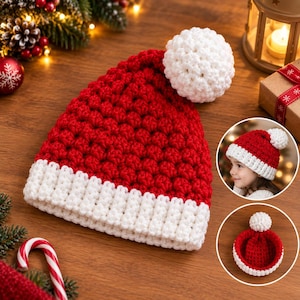 Könnte beinhalten: Eine rot-weiße, gehäkelte Weihnachtsmütze mit strukturiertem Noppenmuster, einem dicken, gerippten weißen Rand und einem großen weißen Bommel an der Spitze. Die Mütze ist in einer Hauptansicht und zwei kreisförmigen Ausschnitten zu sehen.