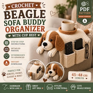 Beagle Crochet Sofa Armrest Organizer Pattern PDF, Dog Couch Caddy with 2 Remote Pockets, Cup Platform, Amigurumi Home Decor