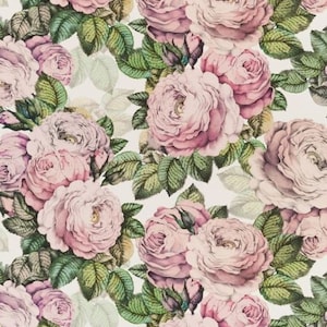 Puede incluir: Un patrón sin costuras con rosas rosadas y hojas verdes sobre un fondo blanco. Las rosas están dispuestas en un patrón repetitivo, con algunas superpuestas. Las hojas son de un verde más oscuro y proporcionan un contraste con las rosas rosadas.