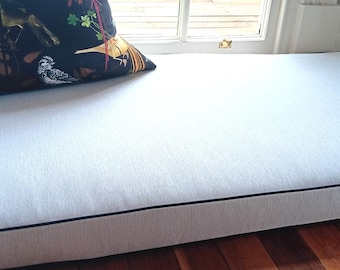 White Bench cushion with contrast Black piping 1.3cm x 40cm x 5cm