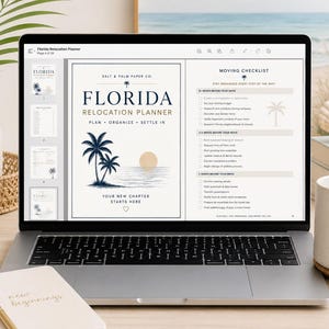 May include: A laptop screen displaying a digital Florida Relocation Planner with a palm tree and sunset graphic. The page features a moving checklist with sections for weeks before a move, organized with text and checkboxes for planning and settling in.