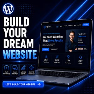 May include: A laptop displaying a website for Nexora with the text BUILD YOUR DREAM WEBSITE. The screen shows We Build Websites That Drive Results, 250+ Happy Clients, 100% Success Rate, 15+ Awards Won, and 24/7 Support icons on a dark background.