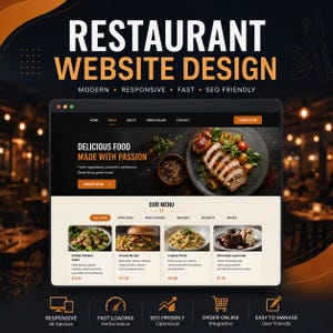 May include: A digital mockup of a restaurant website design featuring a dark header with the text RESTAURANT WEBSITE DESIGN, a hero section with food imagery, and a menu section displaying items like grilled chicken salad and a classic burger.