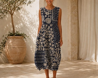 Patchwork Print Midi Dress, Sleeveless Summer Sundress, Boho Resort Wear