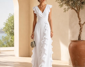 Ruffle Maxi Dress, V-Neck Wrap Style, Wedding Guest, Bridesmaid Gown