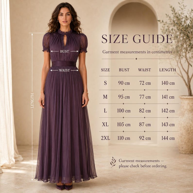May include: A floor-length dark purple dress with short puff sleeves, a high neckline, and a pleated skirt. Next to the dress is a size guide chart with text including SIZE GUIDE, BUST, WAIST, LENGTH, and measurements in centimeters for sizes S to 2XL.