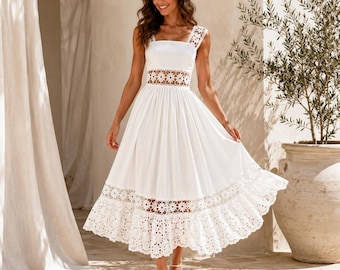 White Eyelet Lace Midi Dress, Boho Square Neck Summer Sundress