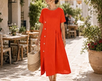 Boho Linen-Look Maxi Dress, Asymmetrical Button Short Sleeve Summer Casual Fit