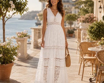 White Lace Maxi Dress, Bohemian V-Neck, Sleeveless Beach Wedding Bridal Shower Outfit
