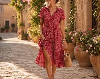 Red Polka Dot Midi Shirt Dress, Short Sleeve Flowy Sundress, Casual Vacation Outfit