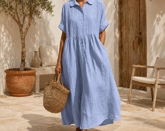 Women's Loose Maxi Shirt Dress, Short Sleeve Button Front, Linen Look Vacation Dress