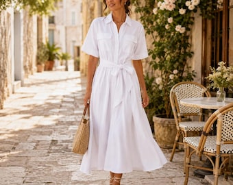 Women's Button-Down Shirt Dress, Short Sleeve Belted Midi, Casual Summer Pockets