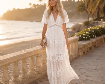 White Lace Maxi Dress, Floral Embroidered Boho Beach Vacation Style