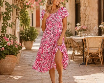 Women's Floral Midi Dress, Loose Fit, Short Sleeve Boho Style, Casual Summer Vacation Sundress