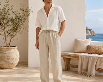 Men's Linen Look Drawstring Trousers, Lightweight Summer Beach Resort Wear