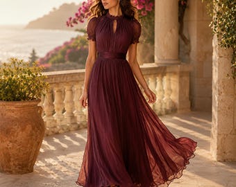 Chiffon Maxi Dress, High Neck, Puff Sleeve Evening Gown, Formal Party Dress