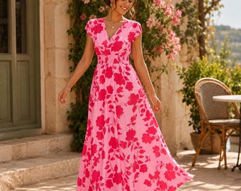 Floral Maxi Dress, V-Neck Summer Vacation Dress, Smocked Waist Elegant Outfit