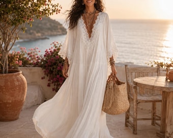 Boho Lace Maxi Dress, Flowy Summer Beach Cover Up, White Black