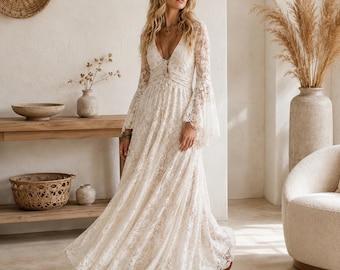 Boho Lace Maxi Dress, White Black Long Sleeve, Beach Wedding Guest Gown