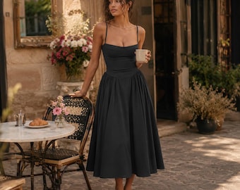 Corset Midi Dress, Spaghetti Strap Summer Party Dress, Romantic Vacation Outfit