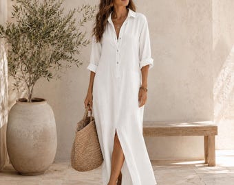 Linen Look Maxi Shirt Dress, Long Sleeve Casual Vacation Outfit