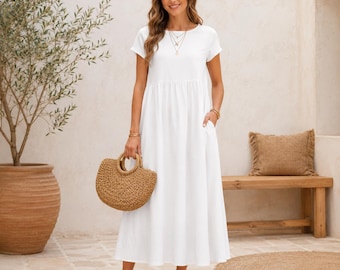 Women's Loose Maxi Dress, Short Sleeve Casual Summer Sundress, Pockets, Minimalist Vacation Outfit