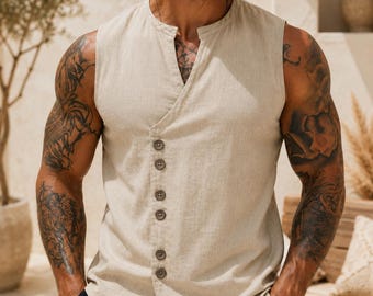 Men's Sleeveless Mandarin Collar Shirt, Linen Look Beach Vest, Boho Resort Top