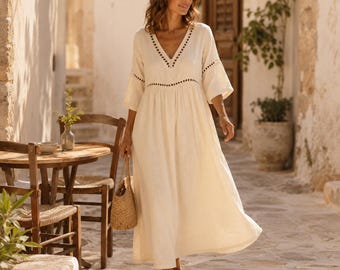 Boho Maxi Dress, V Neck, Crochet Trim, Loose Fit Beach Resort Sundress