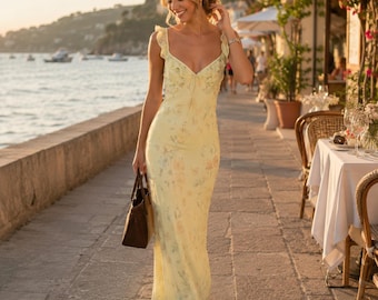 Floral Ruffle Maxi Dress, Romantic Summer Sundress, Yellow or Blue, Fitted Vacation Wedding Guest