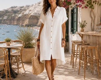 Oversized Button Down Shirt Dress, Loose Beach Cover Up, Short Sleeve Tunic