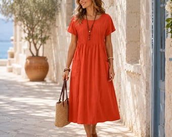 Pleated Midi Summer Dress with Pockets, Short Sleeve Cotton Style, Loose Vacation A-Line