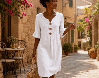 Textured Linen-Look Midi Dress, Ruffle Sleeve Button Detail Sundress