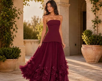 Burgundy Strapless Evening Gown, 3D Floral Pleated Prom Dress, Corset Back Formal Maxi