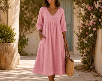 Boho V-Neck Maxi Dress with Pockets, 3/4 Sleeve Summer Vacation Style