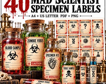 Op de afbeelding: Een verzameling van 40 labels voor gekke wetenschappers-specimens in PDF- en PNG-formaat, met vintage-stijl papier met bloedspatten, biohazard-symbolen en teksten zoals Blood Sample, Zombie Virus en Specimen #13 op glazen potten.
