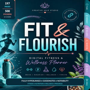 Könnte beinhalten: Ein digitaler Fitness- und Wellnessplaner mit dem Titel Fit & Flourish von Creative Vale Studio. Das Cover zeigt einen dunkelblauen Hintergrund, die Silhouette einer laufenden Person, eine Trinkflasche und Navigationsregisterkarten für plan, workout, wellness, nutrition, hydration, track und goals.