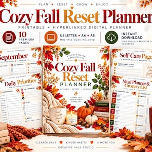 Könnte beinhalten: Ein digitaler Planer mit dem Titel Cozy Fall Reset Planner, verziert mit Herbstblättern, einer Tasse, einer Kerze und einem Kürbis. Das Layout enthält Seiten für September, Tagesprioritäten, Selbstfürsorge und Mahlzeiten in A4 und A5.