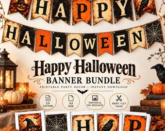 May include: A printable Halloween banner bundle featuring orange and black pennants with letters spelling Happy Halloween. The design includes illustrations of jack-o'-lanterns, ravens, and spiderwebs. Text includes Happy Halloween Banner Bundle.