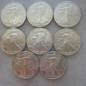 May include: A collection of eight silver American Eagle coins arranged in three rows. Each coin features the walking Liberty design, the text LIBERTY, the phrase IN GOD WE TRUST, and various years including 2023, 2022, 2021, 2019, and 2018.
