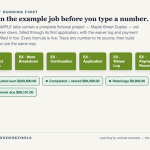 May include: A digital interface display featuring the text SEE IT RUNNING FIRST Open the example job before you type a number. Six green tabs labelled Project Setup, Work Breakdown, Continuation, Application, Waiver Log, and Payment Record.