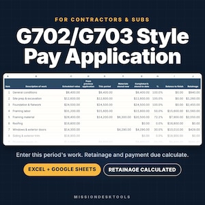 May include: A digital G702/G703 style pay application spreadsheet template for contractors and subs. The document features columns for description of work, scheduled value, and retainage. Includes buttons labeled EXCEL + GOOGLE SHEETS and RETAINAGE CALCULATED.