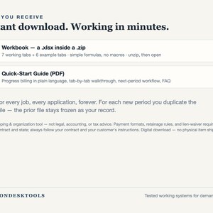 May include: A digital bookkeeping and organisation tool featuring an instant download. Includes a .xlsx workbook with 7 working and 6 example tabs, plus a PDF quick-start guide. Text includes 'WHAT YOU RECEIVE', 'Instant download. Working in minutes.'