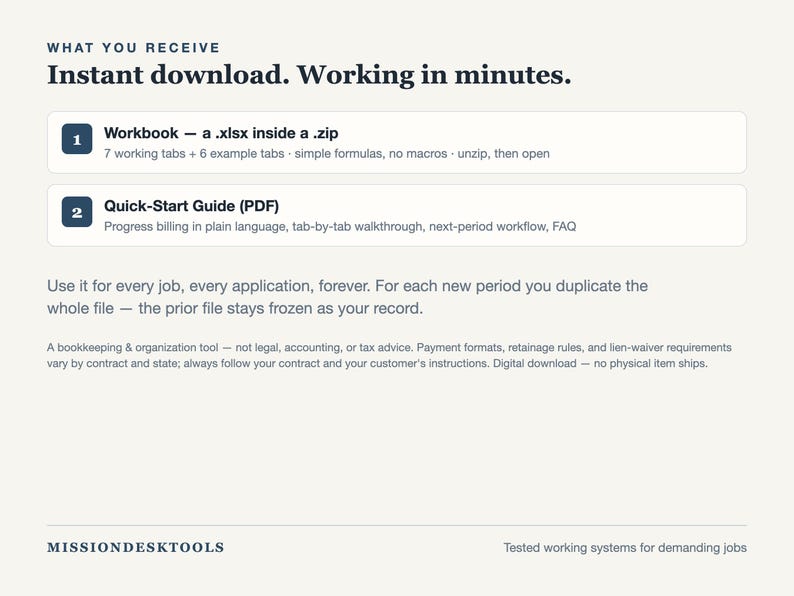 May include: A digital bookkeeping and organisation tool featuring an instant download. Includes a .xlsx workbook with 7 working and 6 example tabs, plus a PDF quick-start guide. Text includes 'WHAT YOU RECEIVE', 'Instant download. Working in minutes.'