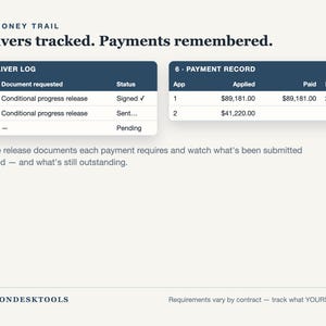 May include: A digital interface titled The Money Trail featuring two dark blue tables labelled Waiver Log and Payment Record. The tables display application numbers, document statuses like Signed and Pending, and payment amounts in dollars.