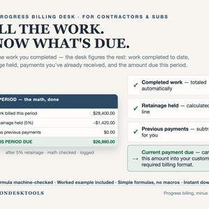 May include: A digital progress billing desk template for contractors and subs with the text: BILL THE WORK. KNOW WHAT'S DUE. It features a table showing calculations for work billed, retainage held, and the total amount due of $26,980.00.