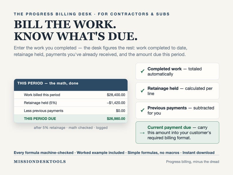 May include: A digital progress billing desk template for contractors and subs with the text: BILL THE WORK. KNOW WHAT'S DUE. It features a table showing calculations for work billed, retainage held, and the total amount due of $26,980.00.