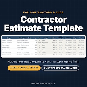 May include: A digital contractor estimate template featuring a dark blue background with white text. The document includes a table for labor and material costs, with buttons labeled EXCEL + GOOGLE SHEETS and CLIENT PROPOSAL INCLUDED.