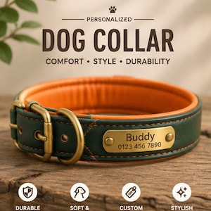 Collar de cuero personalizado para perro con nombre, collar para mascota grabado a medida, collar con placa de metal para nombre, collar de cuero suave para cachorro, regalo para mamás perrunas