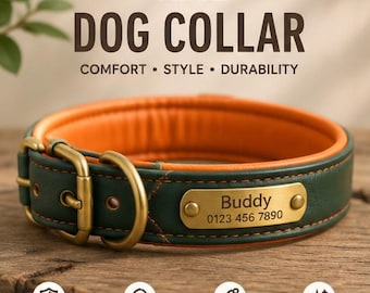 Personalisiertes Hundehalsband aus Leder mit Namen, individuell graviertes Haustierhalsband, Namensschildhalsband aus Metall, weiches Welpenhalsband aus Leder, Geschenk für Hundebesitzer